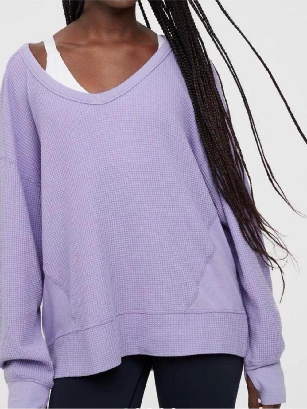 OFFLINE BY AERIE WOW waffle thermal Relaxed V-Neck Knit Sweater Lavender size XS